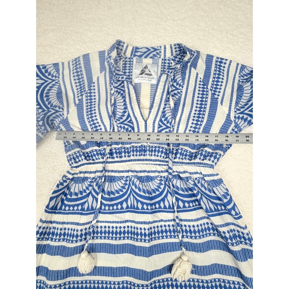 Pearl & Caviar S/M Blue White Geometric Print Tassel Midi Dress Pockets Boho - Picture 8 of 10